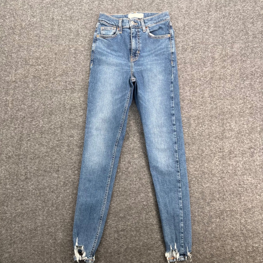 Topshop Jamie High Rise Skinny Jeans Medium Wash Distressed Hem W25 L32‎ Blue